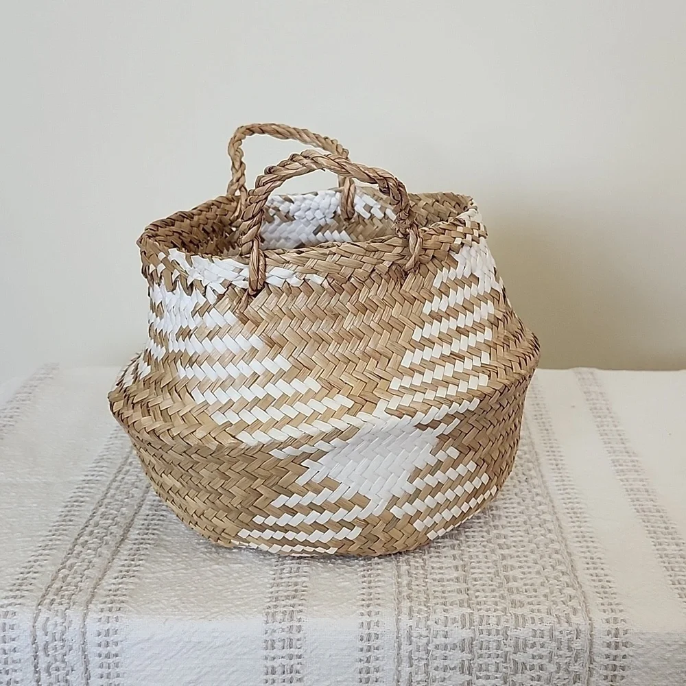 Handmade vintage double handled basket, snake charmer, neutral, farmhouse, boho